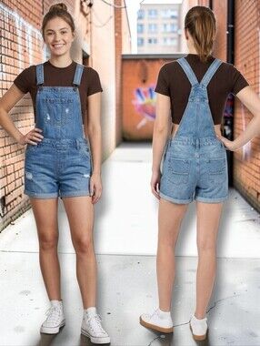 Sabotage Ladies Medium Wash Denim Distressed Overall Shorts